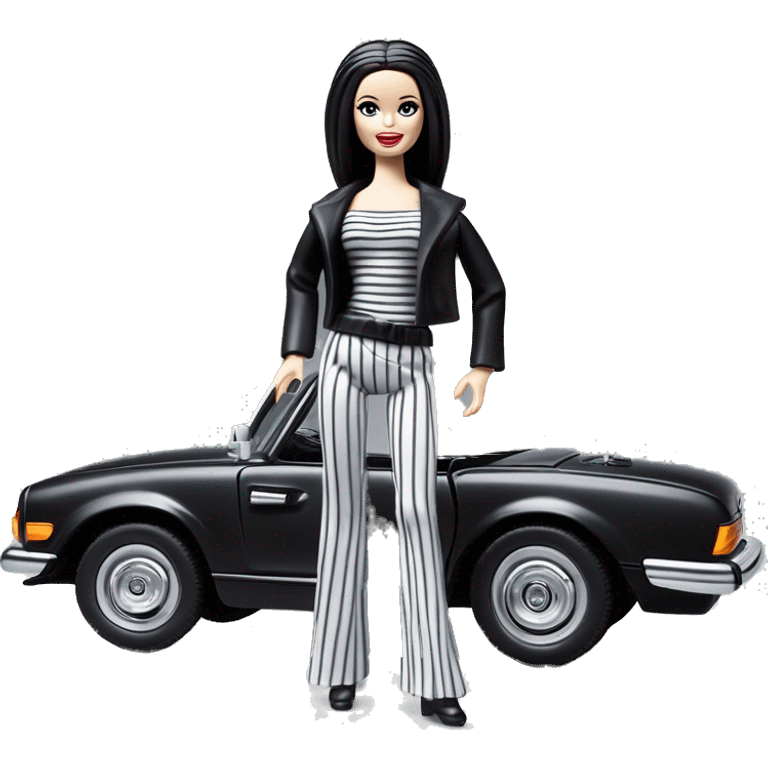 Princess Leia Barbie, 1971 teen Morticia Addams from academy, in dark-gray and black striped outfit. Smiling Driving Mercedes convertible sports car. Very Pale-white porcelain skin.  emoji