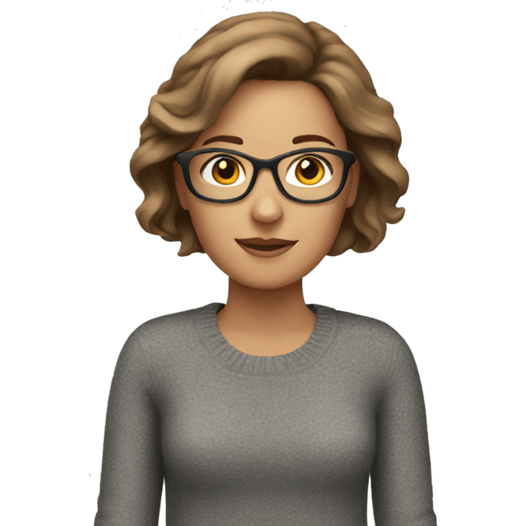 White woman, brown hair, gray sweater, glasses emoji