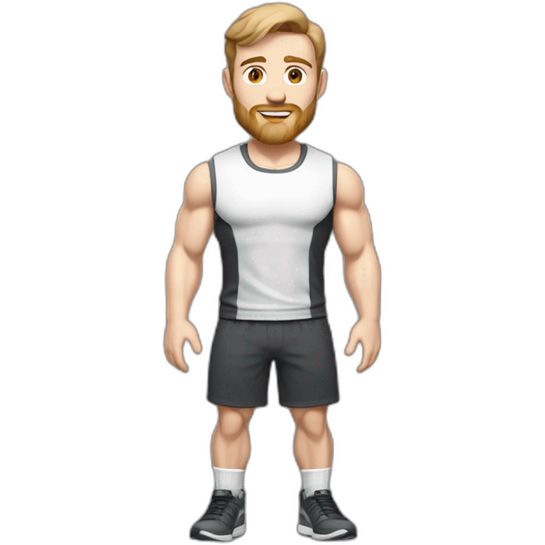 Full height Pale skinned fit man With biceps, Realistic eyes and mouth, light brown hair and stubble In dark gray sleeveless mike, black oversize sports shorts, watch and white sneakers. emoji