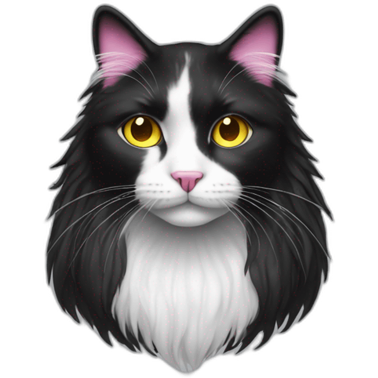 black and white long hair cat with pink nose and yellow eyes emoji