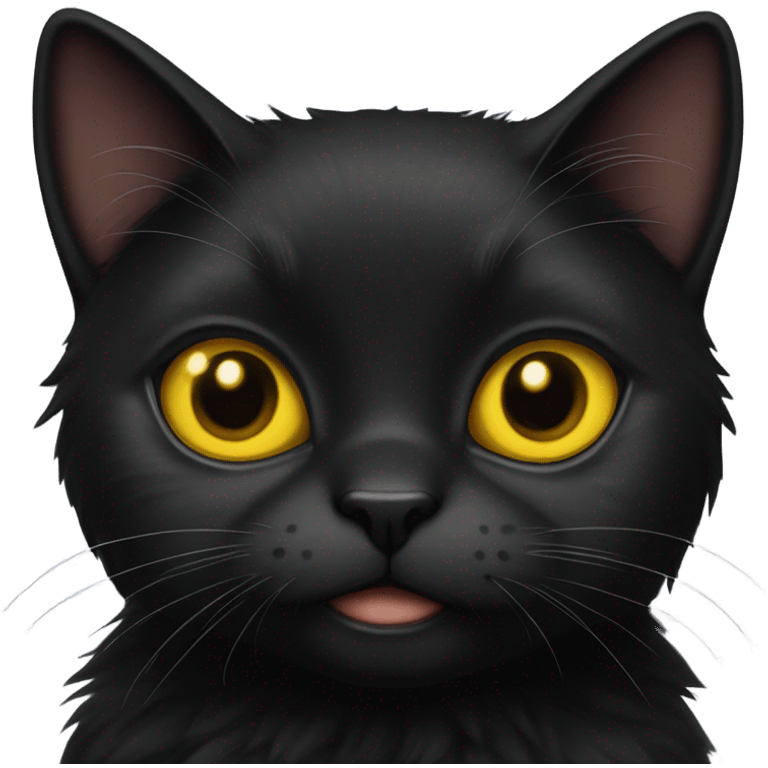 a black furry cat with bright yellow eyes and a collar with the name kai on it emoji