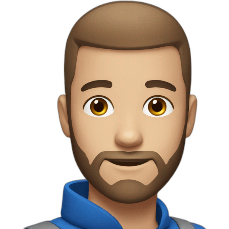 Young guy with brown buzzcut hairstyle and brown beard and blue eyes emoji