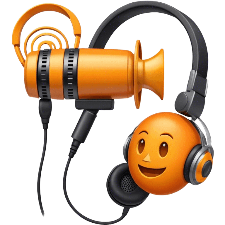 Create a dynamic and creative emoji that represents voiceover and dubbing. The design should feature a microphone, a pair of studio headphones, and sound waveforms to symbolize the recording and manipulation of voice. Add subtle details like a film reel or a speech bubble to represent the dubbing aspect. Use vibrant colors like orange, red, or purple to evoke energy and creativity in voiceover work. The background should be transparent. emoji