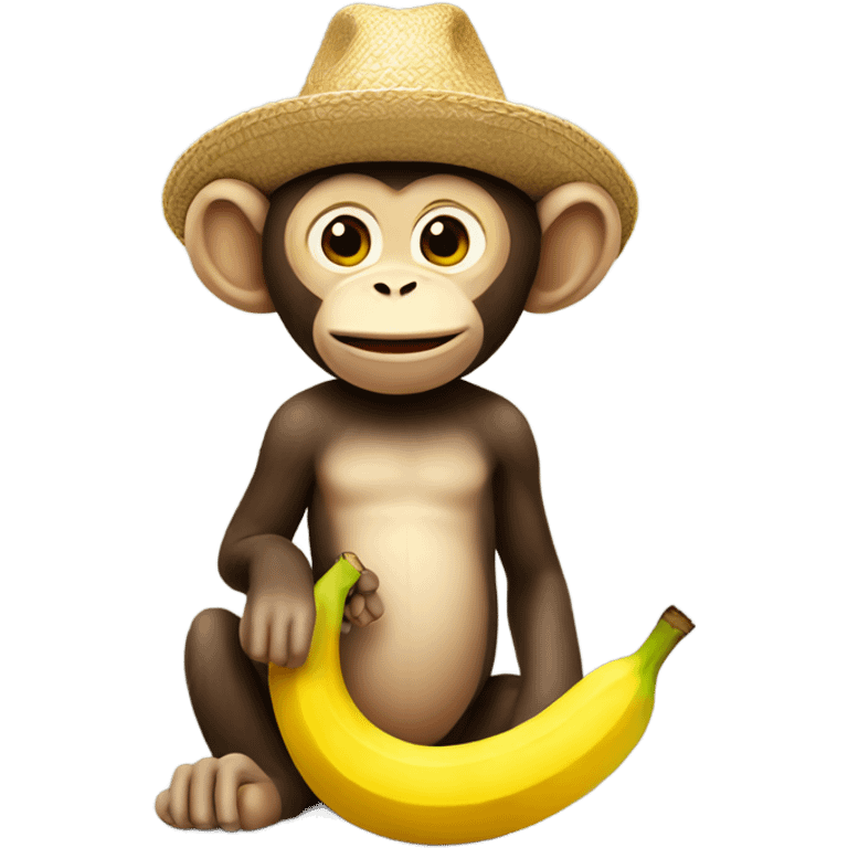 Monkey wearing a straw hat, holding a banana emoji