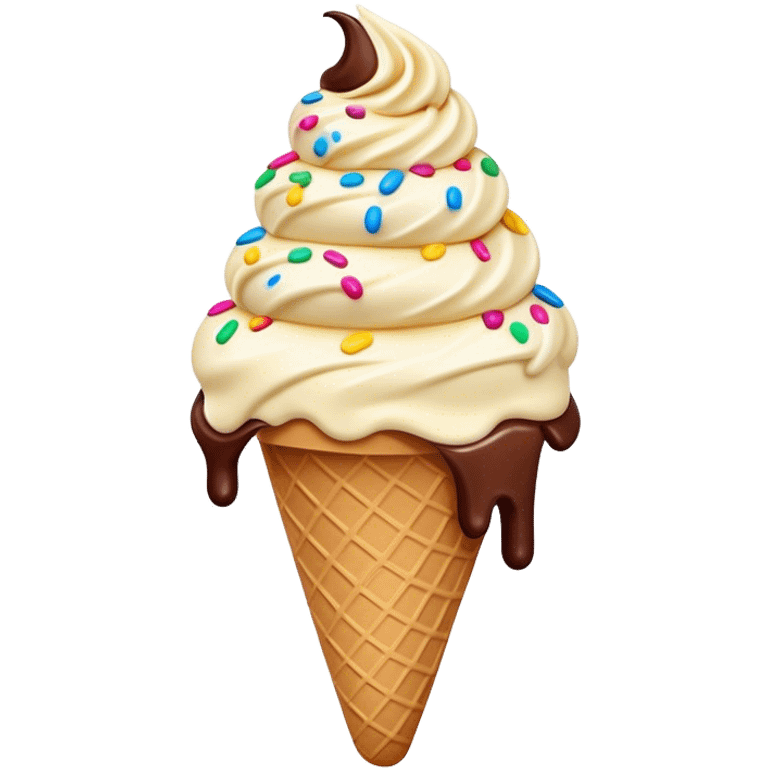 Cinematic scoop of rich, creamy ice cream, slightly melting, smooth swirls of chocolate and vanilla, colorful sprinkles on top, warm glowing background, playful and inviting. emoji