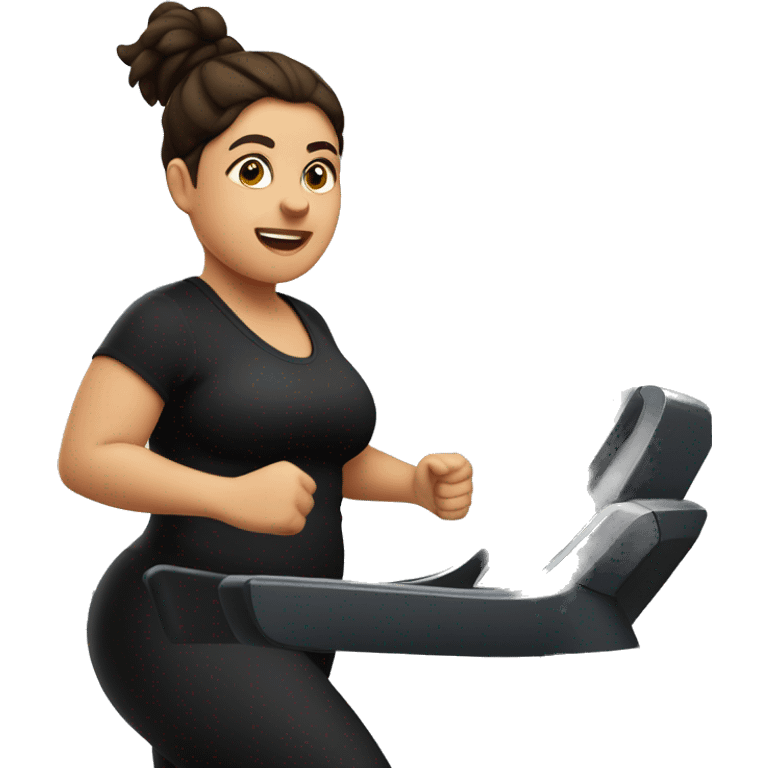 Fat brunette jogging on treadmill wearing black clothing emoji