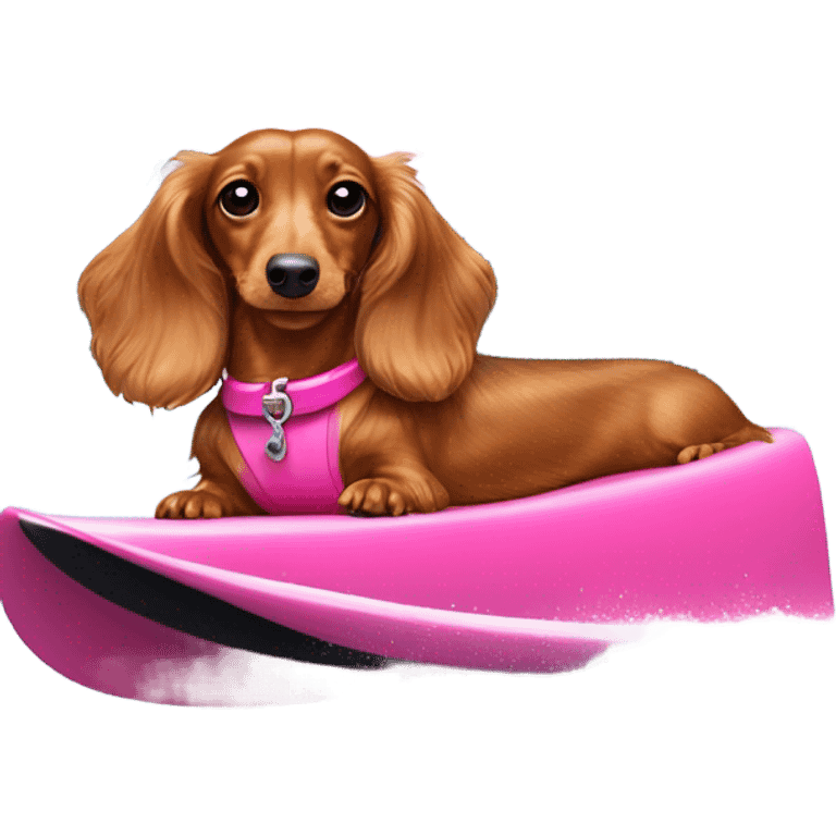 Long haired miniature dachshund red colour with pink collar on waterskis emoji