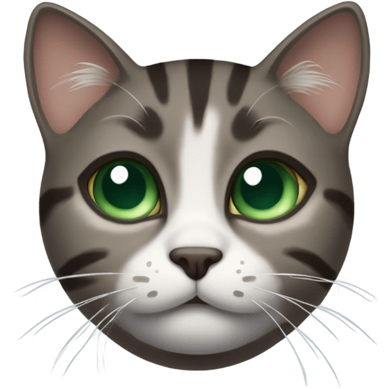 Dark brown gray tabby cat with blueish green eyes saying I’m sorry   emoji