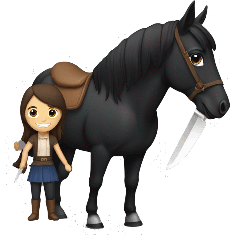 make a black horse and a girl in brown hair next to her, holding a knife emoji