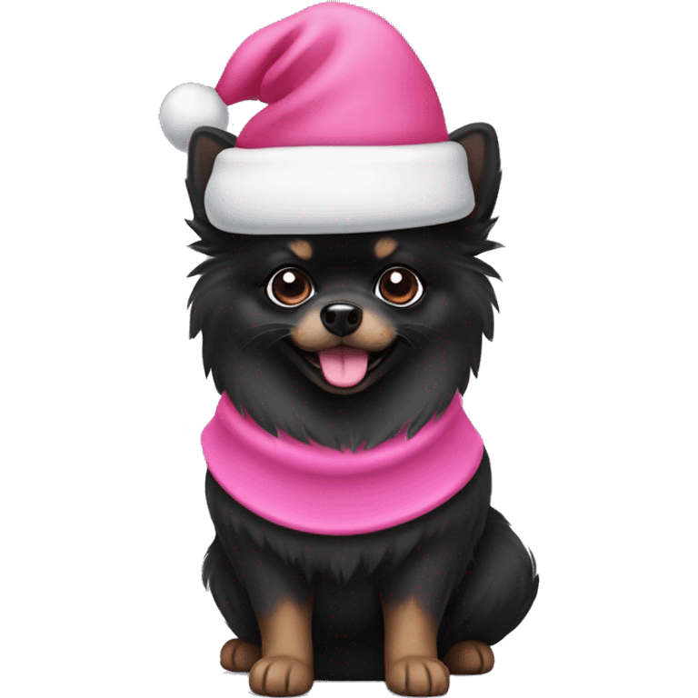 Black Pomeranian wearing a pink Santa hat emoji