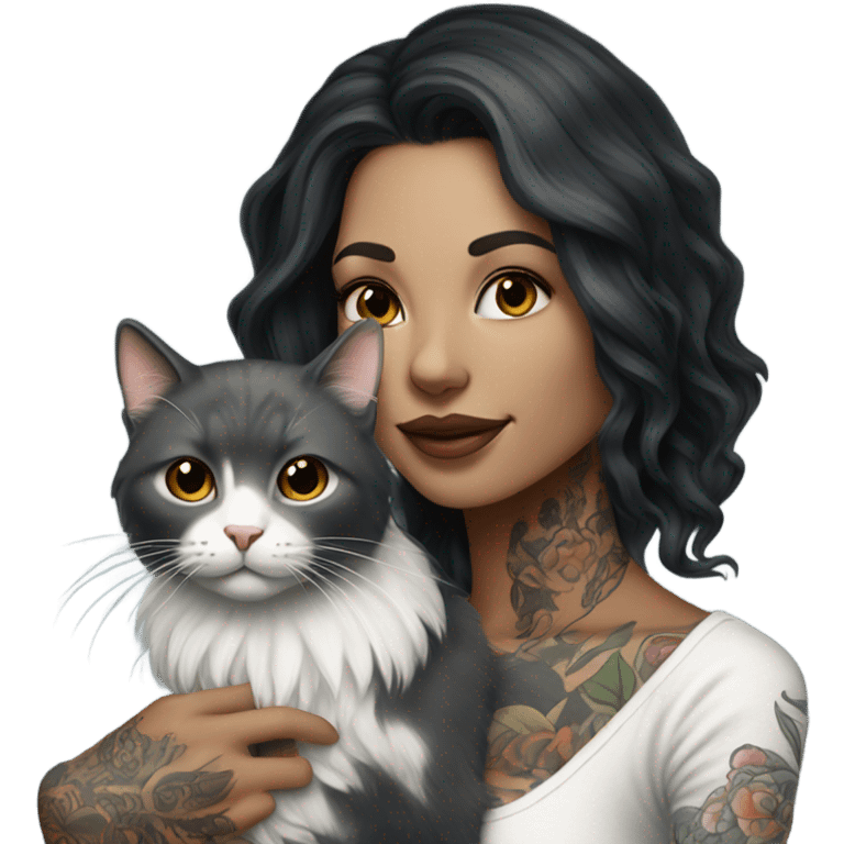 Beautiful dark haired tattooed woman holding gray and white long hair cat emoji