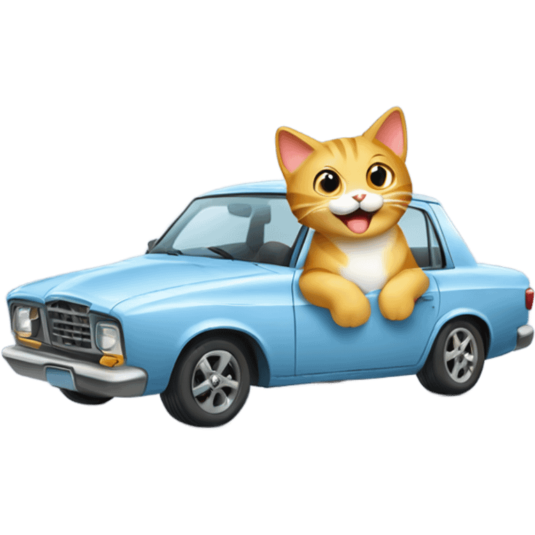 A cartoon emoji-style car with a cat sitting on the open hood, holding a wrench and smiling emoji