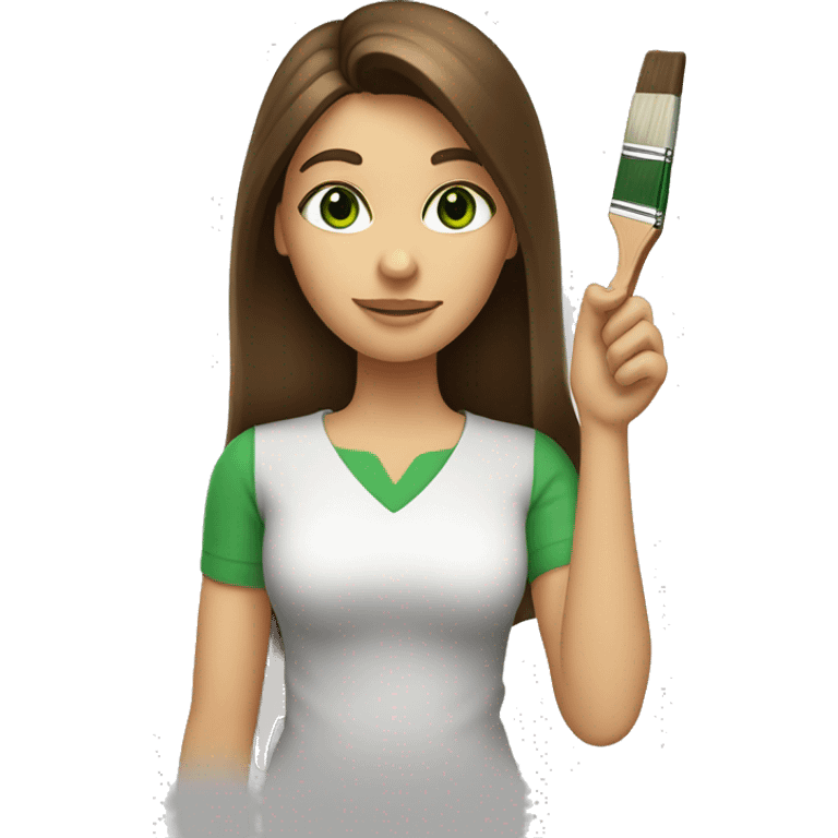 Face of a woman with long brown hair and side bang. She is holding a paintbrush in her hand.Green eyes. emoji