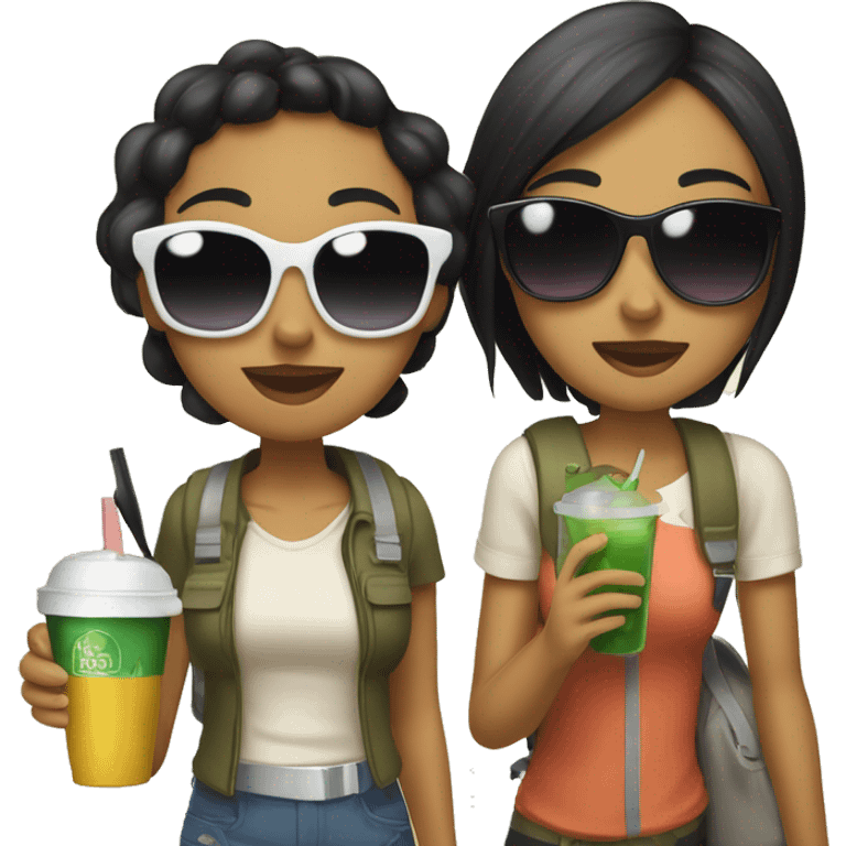 two girls going on a trip, both with black hair and olive skin, wearing sunglasses, carrying luggage and holding a drink on their hand emoji