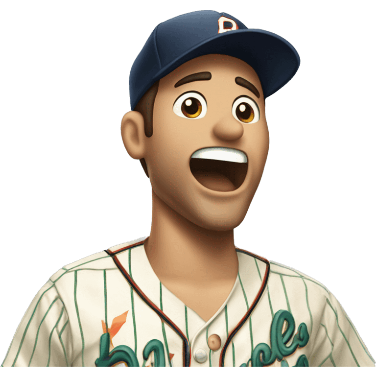 Man with brown hair wearing a hawaiian shirt yells at pinstripe wearing Latino baseball player emoji