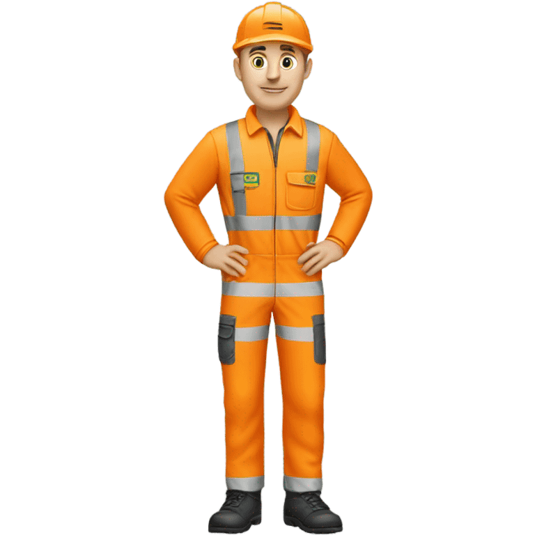 Caucasian male standing wearing orange hi visibility overalls  emoji