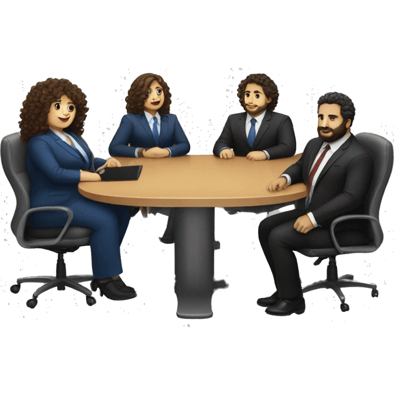 work meeting table 3 men and 4 women sitting on a table wearing suits the women have curly hair and one of the men is fat with a beard and of them is tanned with curly hair emoji