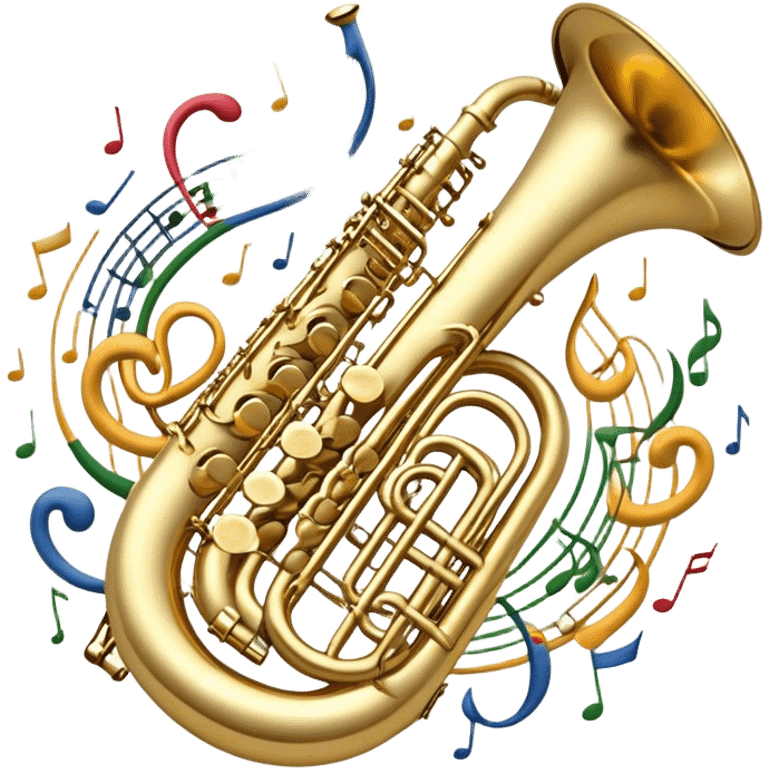 Create a complex, festive, and professional emblem-like emoji representing wind instruments. The design should resemble a heraldic crest, featuring iconic brass and woodwind instruments such as a trumpet, saxophone, clarinet, flute, trombone, and tuba, symmetrically arranged in a balanced composition. A flowing ribbon of musical notes should elegantly weave around the instruments, intertwining with their curves, bells, and mouthpieces, creating a dynamic and harmonious effect. The instruments should have rich metallic tones—gold for brass and silver for woodwinds—with polished highlights and intricate details on the keys and valves. Decorative elements such as elegant scrollwork, laurels, or subtle engravings should enhance the grandeur of the design, making it look celebratory and prestigious. The overall composition should be visually complete, refined, and suitable as a standalone emblem. The background should be transparent. emoji