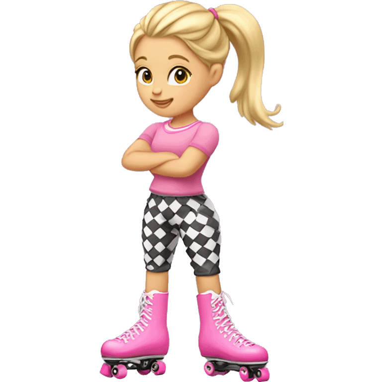 A girl with blonde hair a high ponytail checkered pants and pink rollerskates ￼ emoji