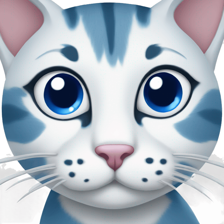 spotted blue and white cartoon cat with a blue right ear, and a spot around the right eye emoji