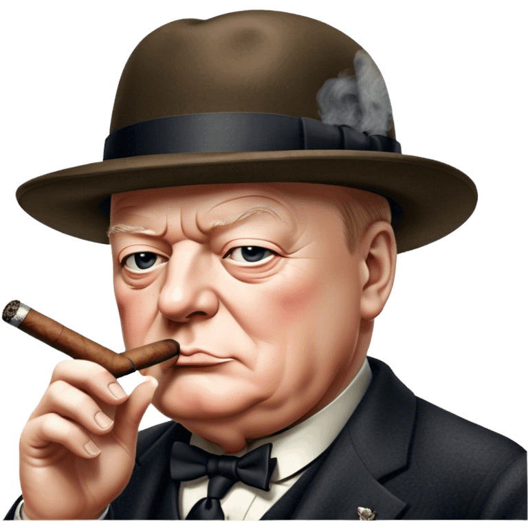 Cinematic Realistic Winston Churchill Portrait Emoji, depicted as a resolute British statesman with a signature bowler hat and a cigar, exuding determined leadership and wartime valor, rendered with lifelike textures and dramatic vintage lighting that captures his iconic British spirit. emoji