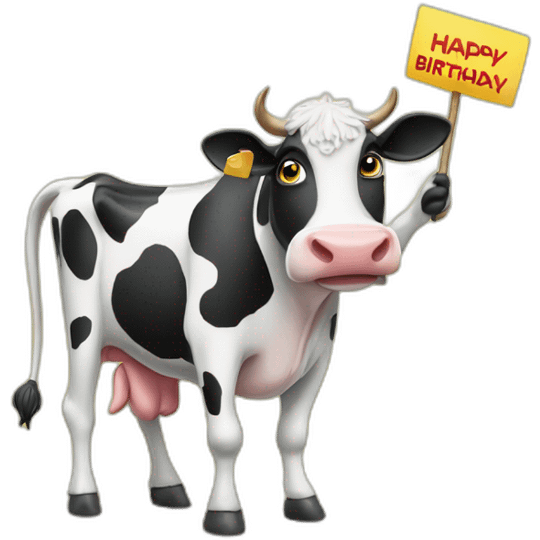 cow on two legs holding a sign that has “Happy Birthday Priya” emoji