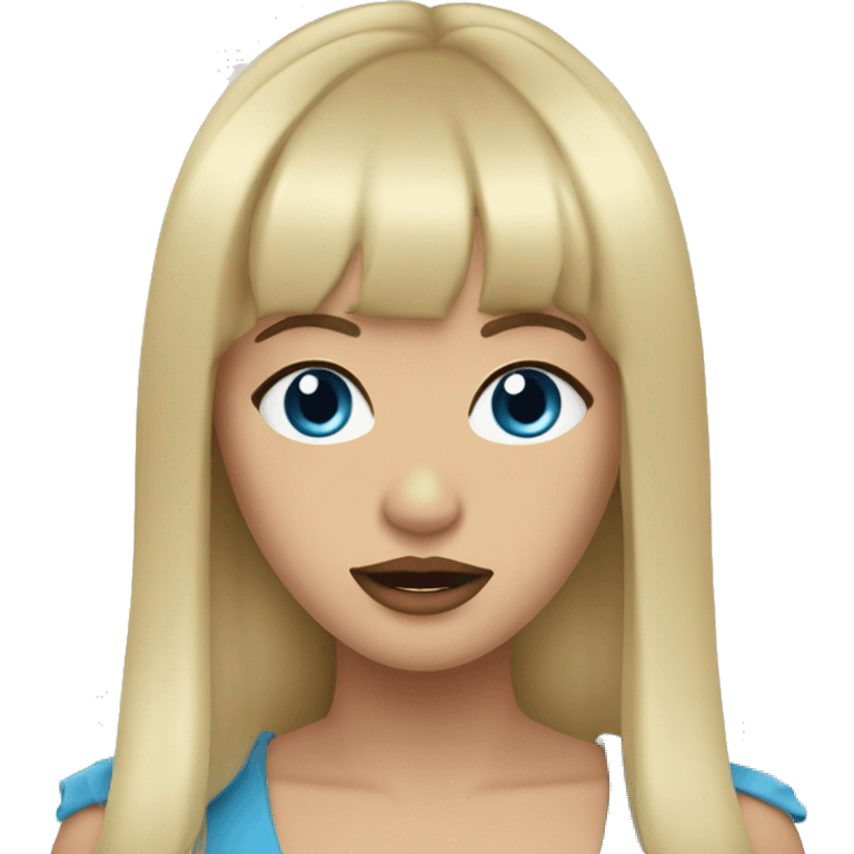 Rep lipstick, bangs cut, long hair, blonde , blue eyes singing emoji