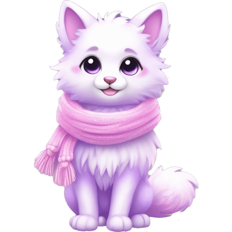 Kawaii cute gorgeous colorful sparkly bright light pastel lilac-pink-white-gradient fantasy ethereal fluffy fursona animal creature with a cute scarf full body emoji