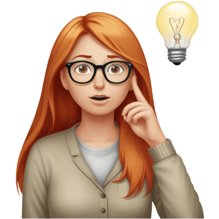 intelligent and clever, 30 year old, girl, long red and almost blond hair, glasses, has an brillant idea, rubs his nose, light bulb over the head, casual cloth  emoji