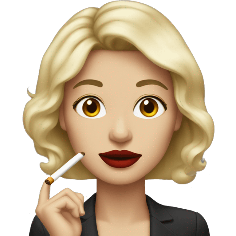 A woman with dark brown hair and blond highlights, red lipstick and an sigaret emoji