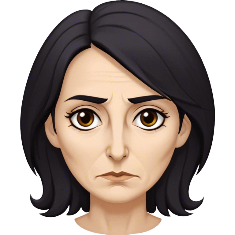 Mirri Maz Duur is a weathered, age 50 woman with deep-set dark eyes, high cheekbones, and a sharp nose, giving her a stern, knowing expression. Her long, unkempt dark hair  falls loosely over her shoulders emoji