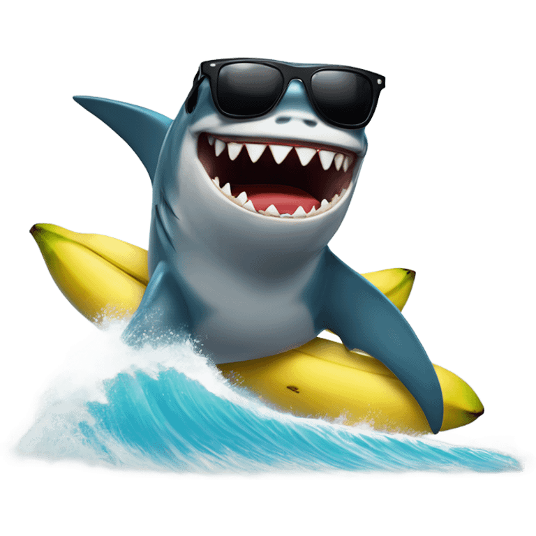 A shark with sunglasses surfing on a wave of bananas emoji