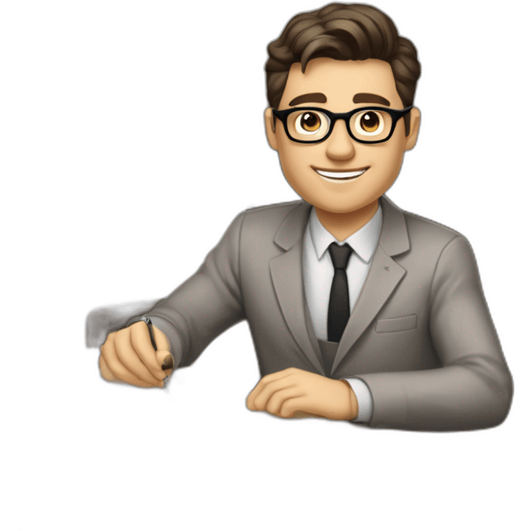 Pale skinned Fit Man With dark brown hair in gray jacket, beige office shirt and vintage glasses sitting In a soft chair with a notebook with emblem Ψ and a pen in his hands emoji