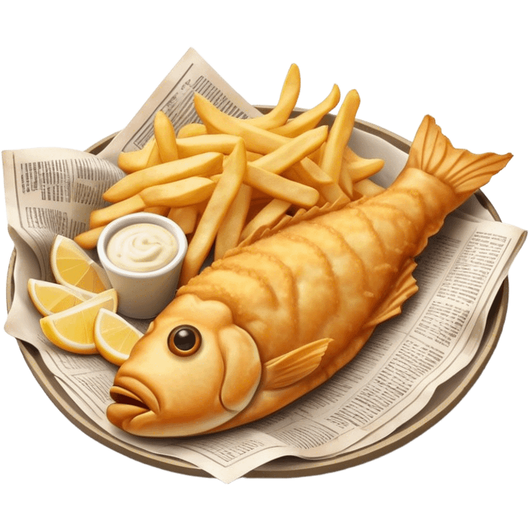 Fish and Chips Cinematic Realistic Fish and Chips Dish Emoji, depicted as a crispy battered fish fillet and golden chips served in traditional newspaper wrapping, rendered with lifelike textures and warm natural lighting that captures its iconic British street food charm  . emoji