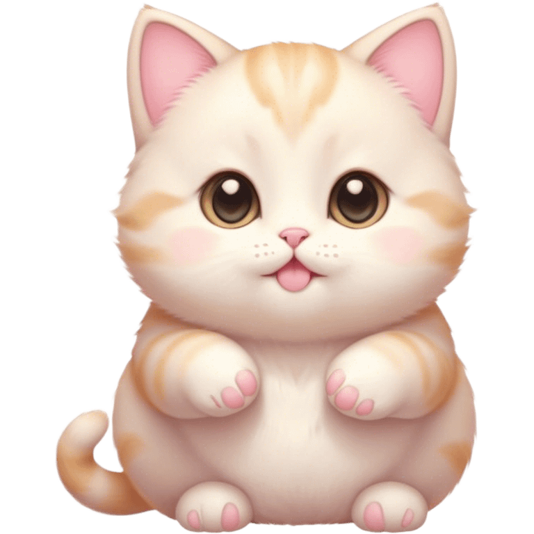 Cinematic chubby pastel kitten, big round eyes full of wonder, tiny paws reaching up, soft fluffy fur glowing in warm light, delicate heart-shaped nose, irresistibly cute and snuggly. emoji