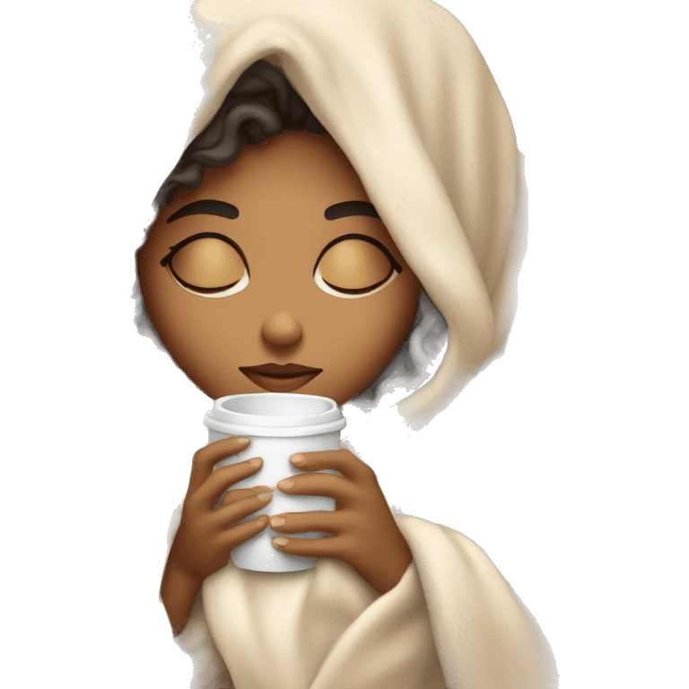 Lightskin girl inside a blanket sipping coffee eyes closed emoji