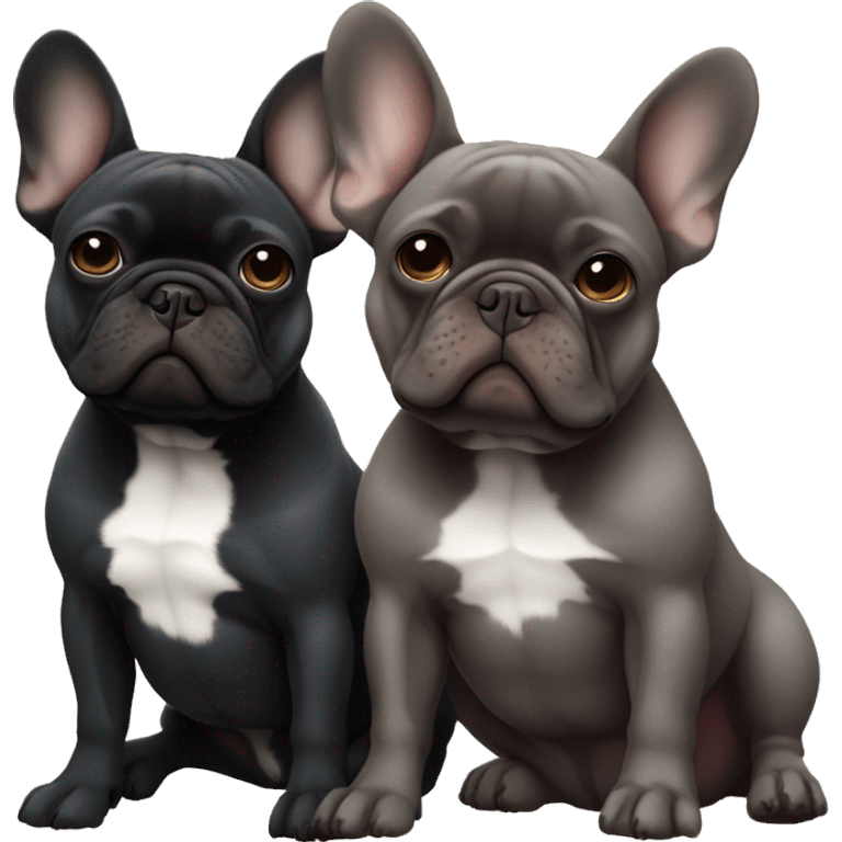 Dark grey french bulldog sits next to a dark brown French bulldog, best friends emoji