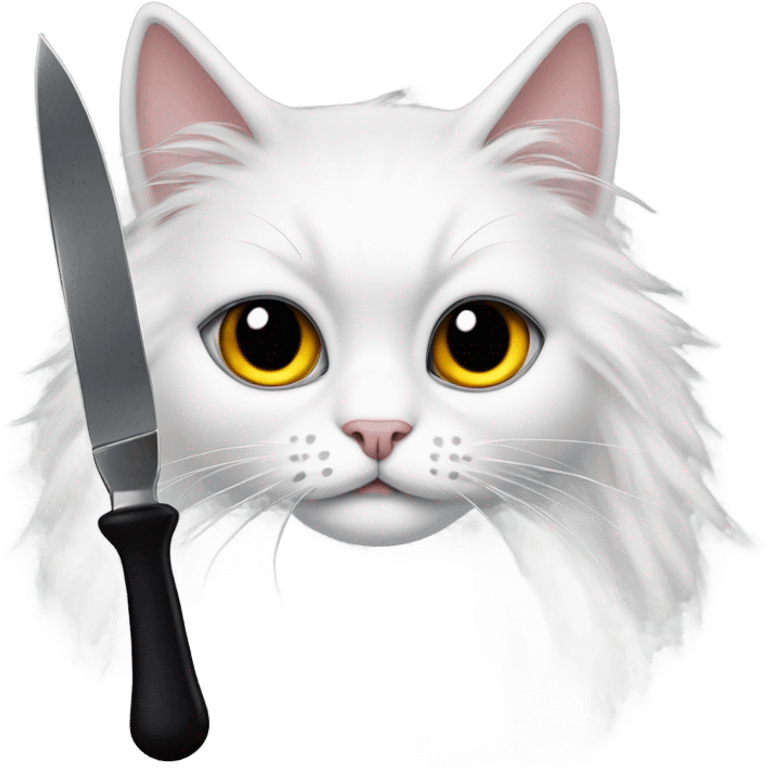 White long haired cat with big eyes and black fur around them holding a knife  emoji