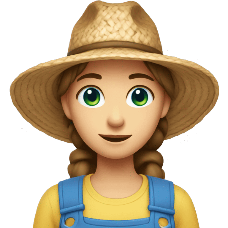 farmer girl with blue eyes, brown hair, with a straw hat, ponytail, holding greens emoji