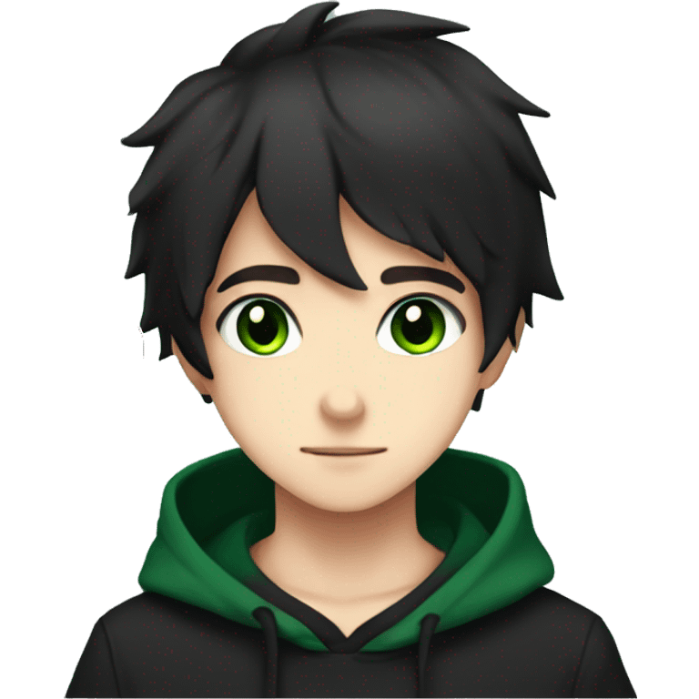 anime boy dark hair dark green eyes in black hoodie in love with hearts  emoji