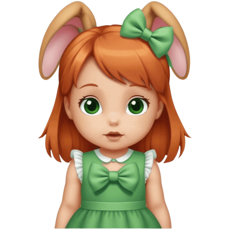 baby girl with  1 bunns bow   red blond mix hair  in green dress  emoji