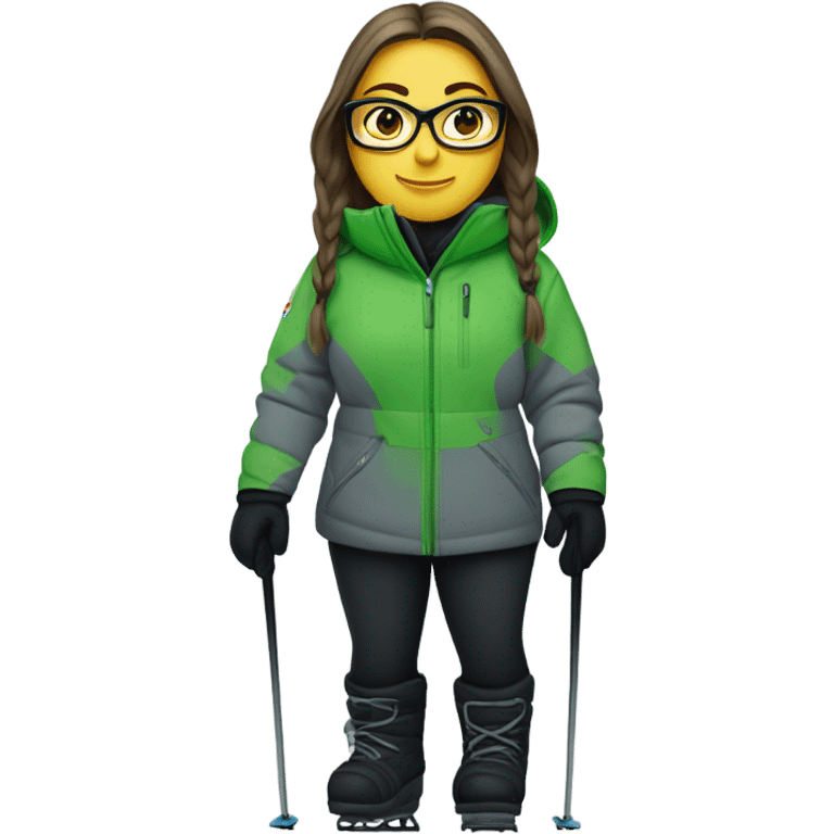 Green-eyed, fat female skier with long straight hair, glasses, grey snow jacket, long black pants, black only snow boots, wearing black skis standing tall. emoji