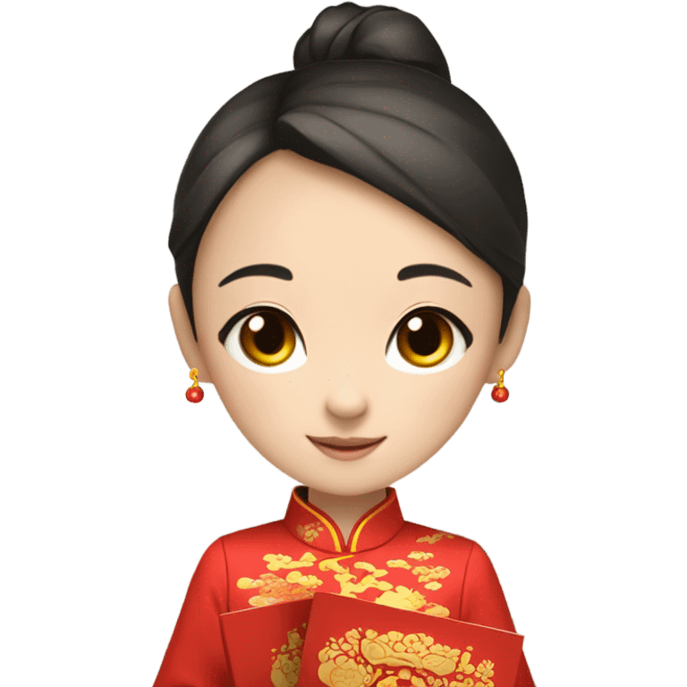 Beautiful youngchinese girl wearing red cheongsam holding red envelope “福” emoji