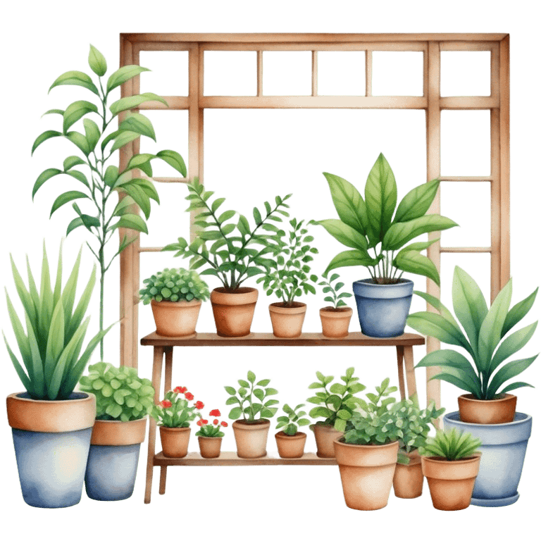 A cozy indoor garden scene with an assortment of potted plants, painted in a delicate and natural watercolor style. emoji