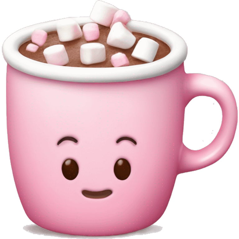 Pink mug filled with hot chocolate topped with heart shaped marshmellows emoji