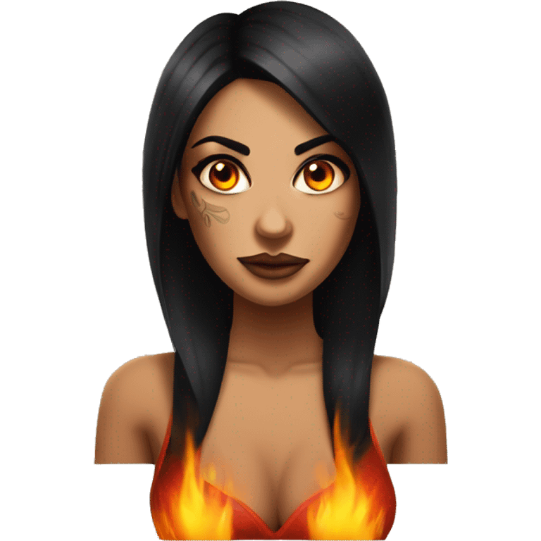 Black haired, dark eyed tanned tattooed woman with fire eyes emoji