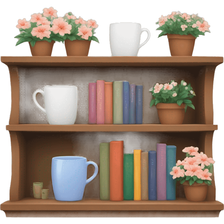 Cozy bookshelf with mugs and flowers  emoji