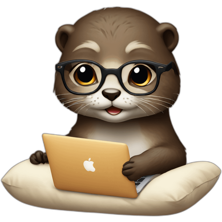 female otter with glasses use a macbook while seated against a pillow emoji