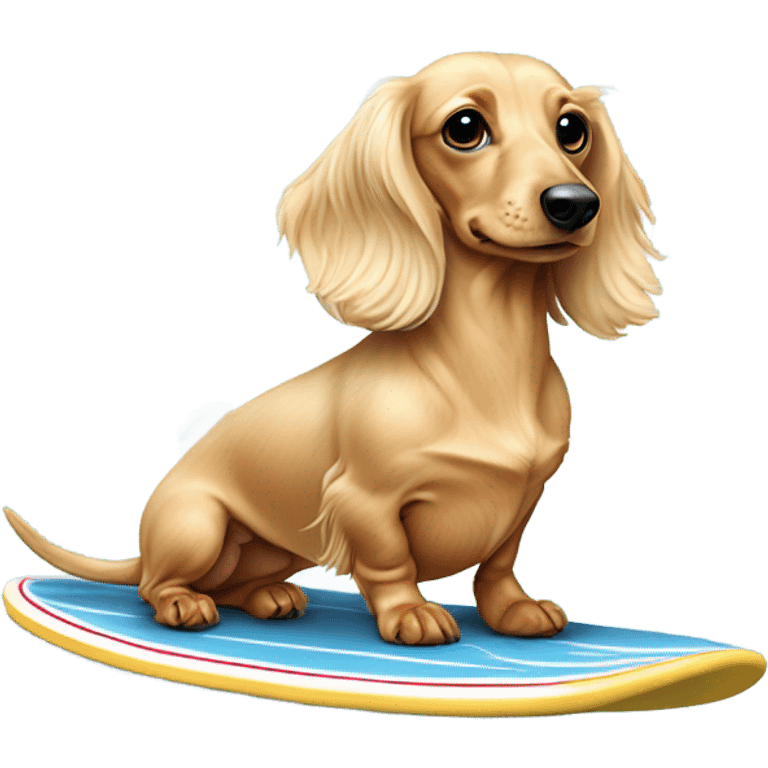 Long haired miniature dachshund cream colour on surfboard emoji