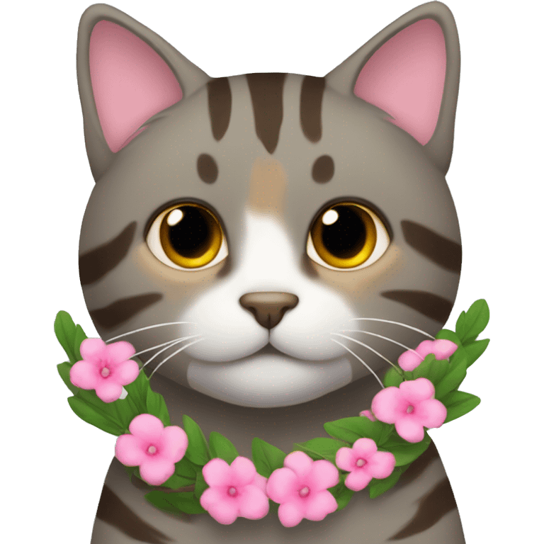 Brown grey tabby cat with pink wreath around neck
 emoji